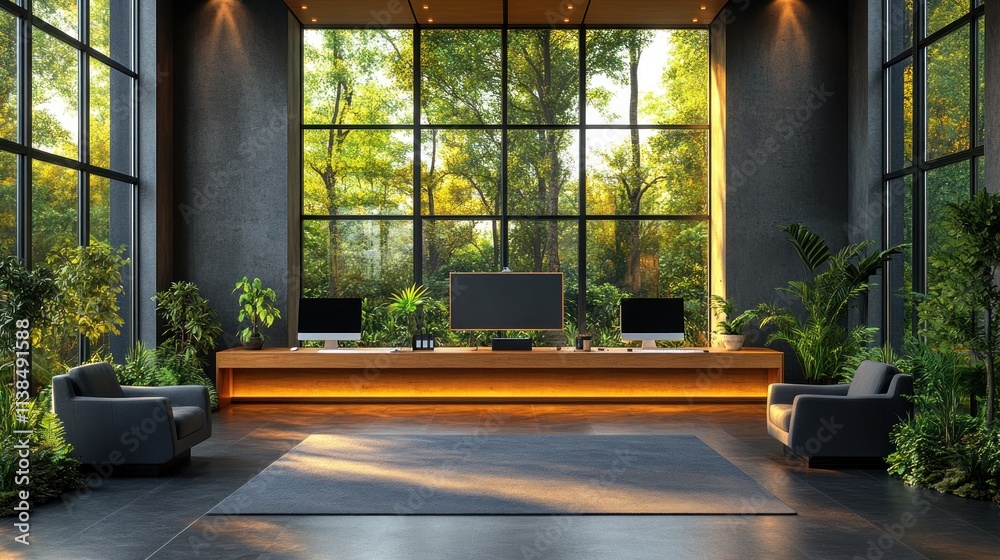 Poster modern office space with large windows and greenery, designed for productivity and relaxation.