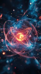 Abstract Representation of an Atom with Glowing Nucleus and Colorful Electrons on a Dark Background for Science and Technology Themes