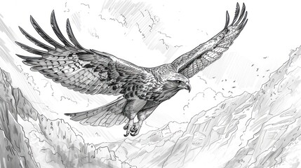 Majestic eagle in flight over mountains, sketched in monochrome.