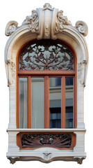 Obraz premium Art nouveau window with intricate wooden and stone carvings reflects a modern urban landscape, blending classic and contemporary architecture