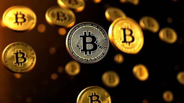 Multiple gold bitcoins falling down against a dark background