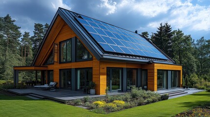 Modern wooden house with solar panels surrounded by greenery and a spacious deck.