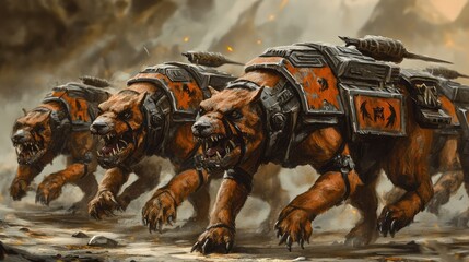 Fierce Mechanical Canines Charging Through a Fiery Landscape in a Dystopian World, Showcasing Raw Power and Futuristic Warfare Elements