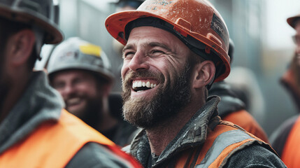 Fototapeta premium A construction worker's beaming smile embodies teamwork and job satisfaction. Hard work pays off! This image is a testament to dedication.