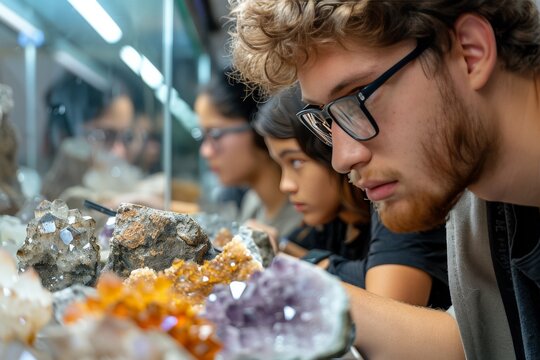 Students exploring rock and crystal specimens, intrigued by their detailed structure and fascinating characteristics