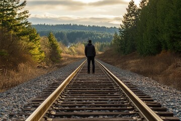 A person standing on a train track surrounded by trees, great for use in scenes about isolation, adventure or travel