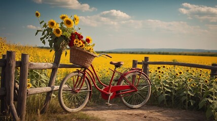 Naklejka premium Rustic Red Bicycle in a Sunflower Field