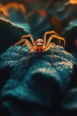 A spider sits on the top of a green leaf, highlighting its unique habitat