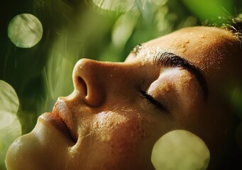 Naklejka premium Wide angle shot of a young woman lying down, enjoying a spa massage, with her eyes closed and smiling. Warm sunlight shines through the green trees on both sides. She has beautiful skin texture,Ai. 
