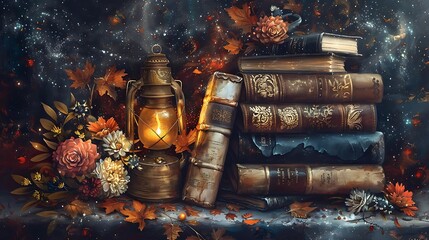 Enchanted Books and Lantern in Autumn Setting