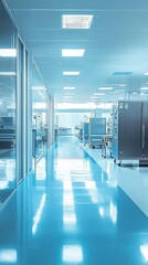 Obraz premium Bright and Modern Laboratory Corridor Featuring Sleek Floors and Clean, Organized Workstations for Innovative Research and Development Activities