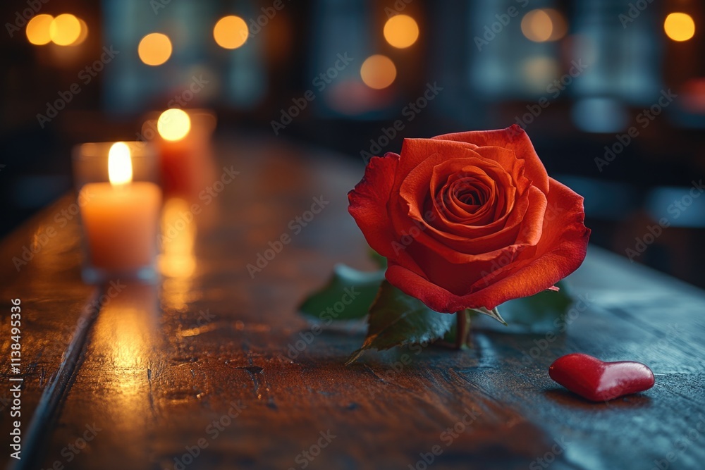 Poster a single red rose sits atop a wooden table in a simple yet elegant setting, perfect for romantic occ