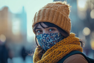 Young woman in city park wearing a knitted hat and a floral face mask during a sunny day in winter