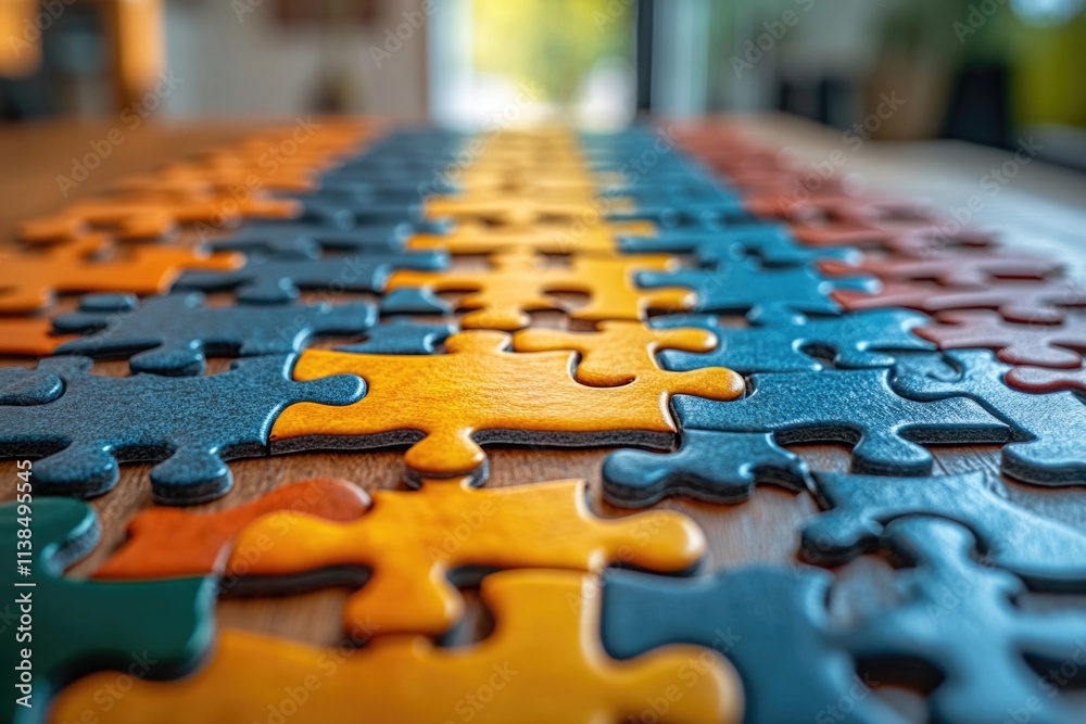 Poster a close-up shot of a single puzzle piece on a table, ready to be placed into its matching slot