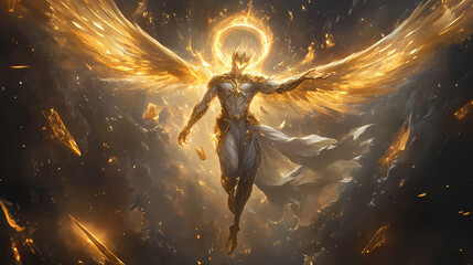 Naklejka premium A celestial being avatar with golden skin, wings made of light, and a radiant halo floating in a heavenly scene. Heavenly. Illustration
