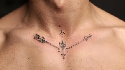 Close-up of a man's chest with a small, minimalist arrow tattoo.