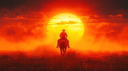 Fototapeta premium A lone cowboy rides into a vibrant sunset, creating a dramatic and serene atmosphere.