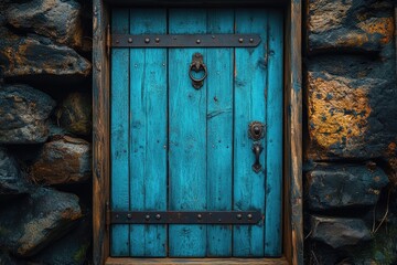 Naklejka premium A wooden door with a metal handle, depicted in blue colors