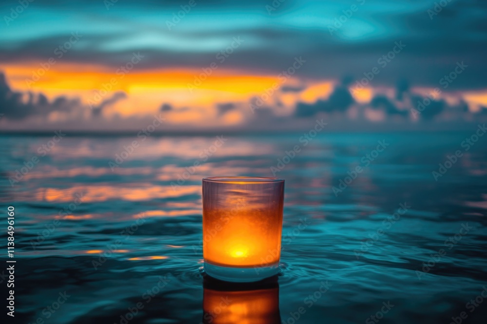 Poster a single lit candle floating on calm water, perfect for use in spiritual or introspective scenes