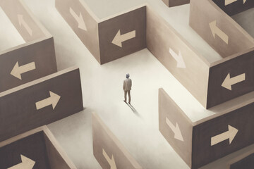illustration of man lost in a maze full of arrows, surreal abstract concept
