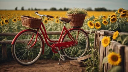 Fototapeta premium Rustic Charm: A Red Bicycle in a Sunflower Field