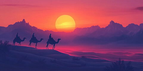 Fototapeta premium Illustration of Three Wise Men Traveling Through the Desert, Following the Star of Bethlehem. Night of the Three Wise Men. Day of the Three Wise Men. Nativity Scene