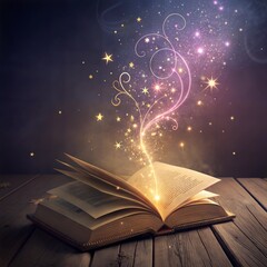 A book is open to a page with a star on it. The book is on a wooden table
