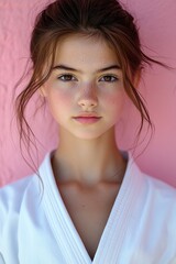 Naklejka premium A woman with distinctive freckles sits in front of a bright pink wall, a simple yet striking scene