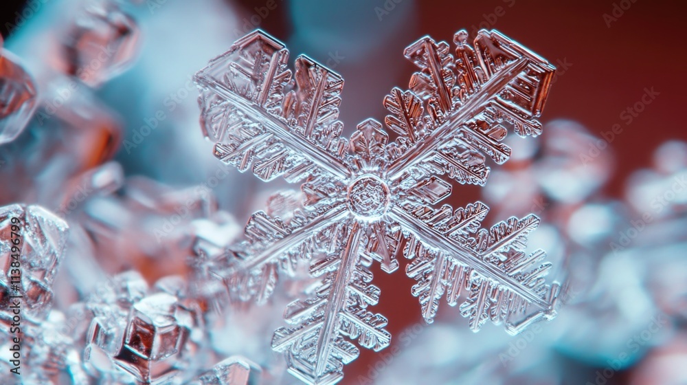 Aufkleber a close-up view of a single snowflake on a vibrant red background, perfect for use in winter-themed 