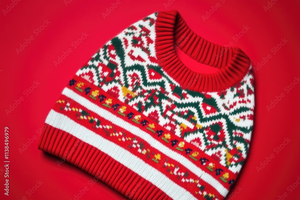Poster a red sweater with a unique pattern, perfect for casual wear or as a prop