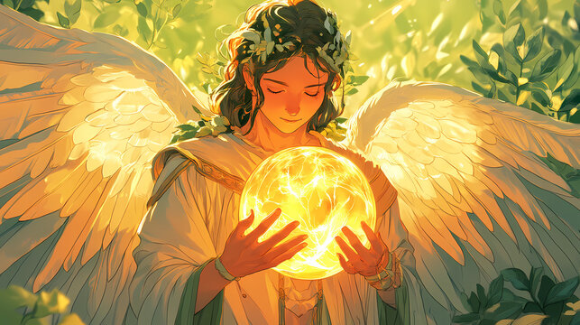 A serene illustration of archangel uriel holding glowing orb, radiating warmth and light. Heavenly. Illustration