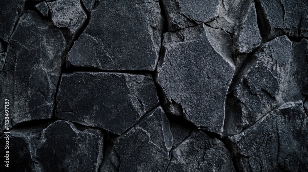 Poster a detailed view of a black stone wall with rough texture and cracks