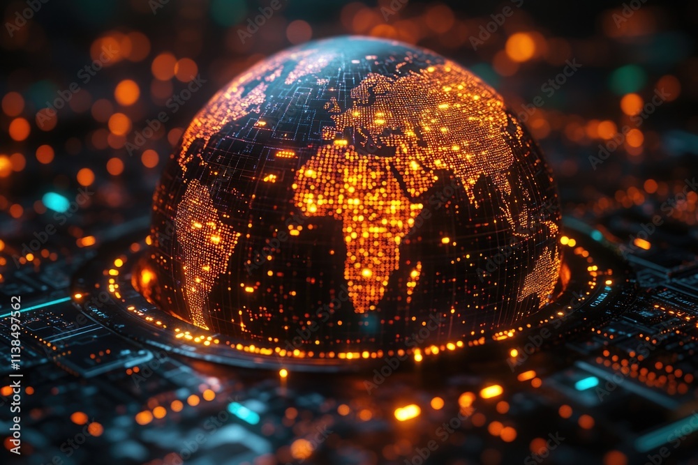 Poster illuminated orb sits atop electronic components