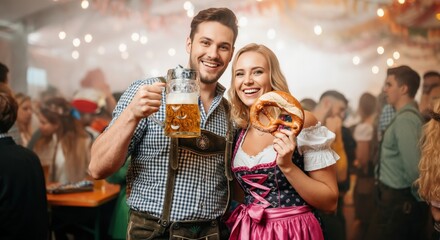 Young caucasian couple enjoying oktoberfest celebration with beer and pretzel