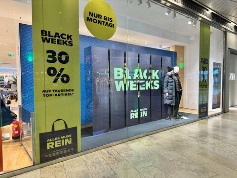 Salzburg, Austria - November 29, 2024: Black Friday advertisement at Peek and Cloppenburg, a department store at the Europark shopping mall