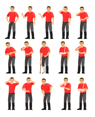 Set of guy with different diseases. Pain abdomen, head or limbs. Worker in overalls. Fun cartoon style. object isolated on white background. Vector Character standing.