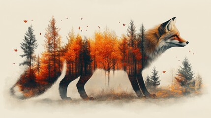 A double exposure image of a fox blended with autumn trees and foliage.