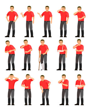 Set of guy with different diseases. Pain abdomen, head or limbs. Worker in overalls. Fun cartoon style. object isolated on white background. Vector Character standing.