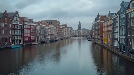 Obraz premium Scenic view of a canal lined with historic buildings under a cloudy sky.