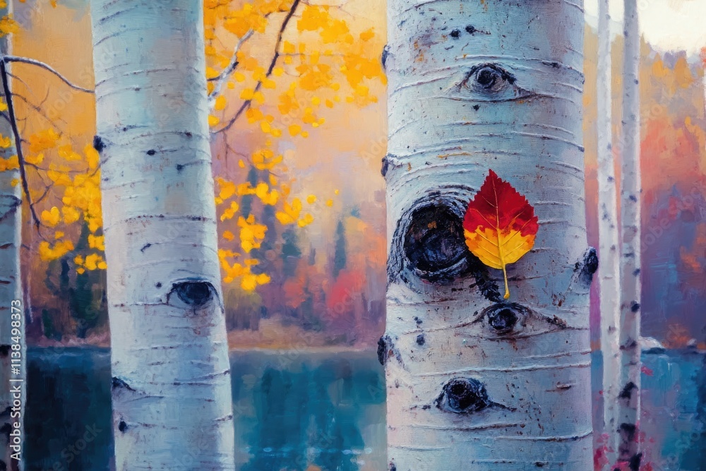 Poster a single leaf stuck on a tree branch, surrounded by greenery