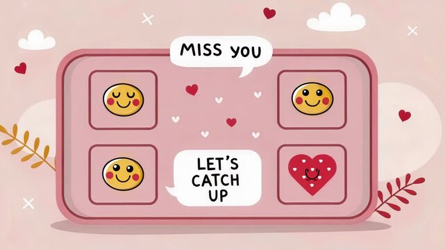 Friends Forever Chat A charming pastel pink chat box filled with messages from friends featuring smiling emojis and hearts. The font is a classic pixel style displaying phrases