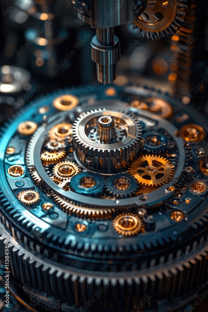 Poster a close-up shot of industrial machinery with visible gears and mechanical components
