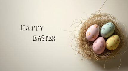 Obraz premium easter background with decorated eggs in a nest on a soft beige tone for spring celebration greetings