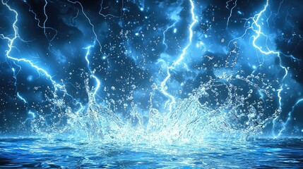Dramatic Scene of Blue Water Splash with Lightning Striking in Dark Stormy Sky Creating a Stunning Visual of Nature's Power and Beauty