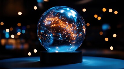 A crystal globe reflecting interconnected global networks and advanced technology.