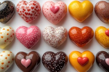 Fototapeta premium Assorted heart shaped chocolates on a white surface, great for food photography or advertising