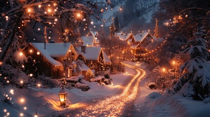 Magical snow-covered village street at night with warm lights.