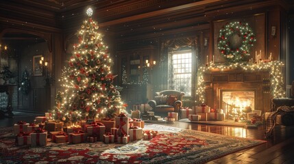 Christmas tree in a luxurious living room with presents and fireplace.