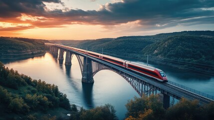 Obraz premium A high-speed train crossing a long suspension bridge over a river, with dramatic skies and a sense of motion captured in the scene