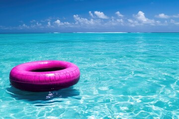Fototapeta premium A pink inflatable floating tube in the ocean, perfect for illustrations and designs related to relaxation, leisure, or water activities